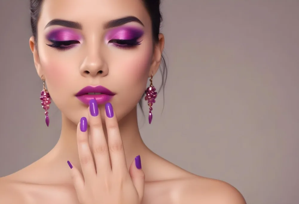 A Young Woman With Dark Hair And Olive Skin Wearing Bold Purple And Pink Eye Makeup Bright Purple Lipstick And Matching Purple Nail Polish She Has Her Eyes Closed And Her Hand Is Covering Part Of Her Eyes 15 93a5