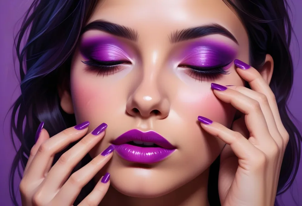 A Young Woman With Dark Hair And Olive Skin Wearing Bold Purple And Pink Eye Makeup Bright Purple Lipstick And Matching Purple Nail Polish She Has Her Eyes Closed And Her Hand Is Covering Part Of Her Eyes 2 B868