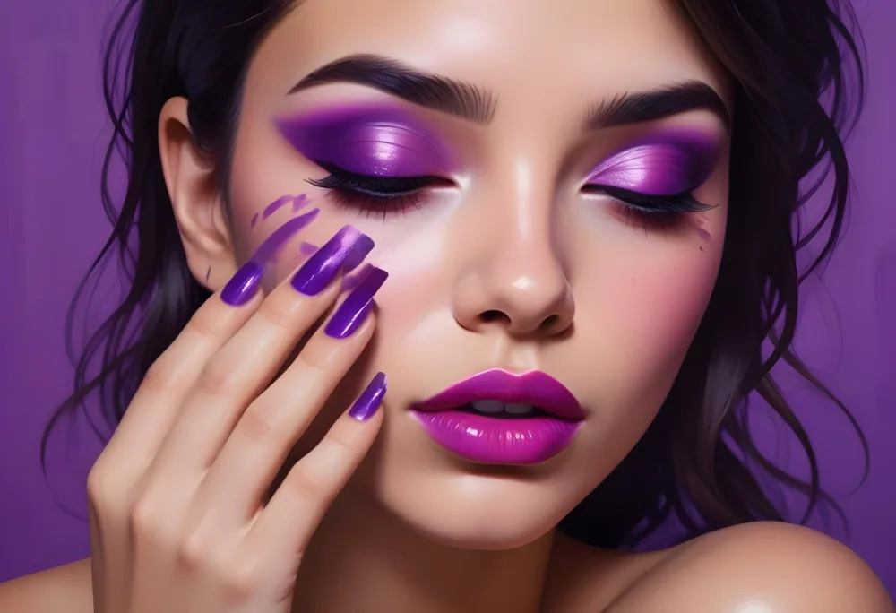 A Young Woman With Dark Hair And Olive Skin Wearing Bold Purple And Pink Eye Makeup Bright Purple Lipstick And Matching Purple Nail Polish She Has Her Eyes Closed And Her Hand Is Covering Part Of Her Eyes 3 E303