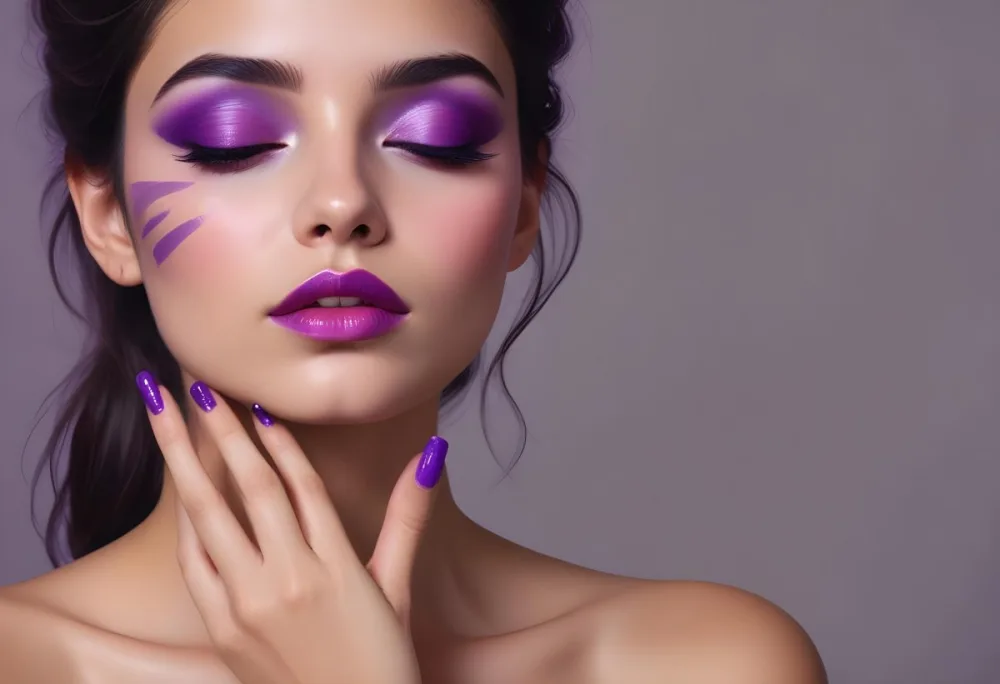A Young Woman With Dark Hair And Olive Skin Wearing Bold Purple And Pink Eye Makeup Bright Purple Lipstick And Matching Purple Nail Polish She Has Her Eyes Closed And Her Hand Is Covering Part Of Her Eyes 4 C67b