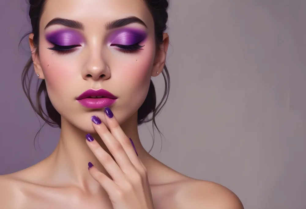 A Young Woman With Dark Hair And Olive Skin Wearing Bold Purple And Pink Eye Makeup Bright Purple Lipstick And Matching Purple Nail Polish She Has Her Eyes Closed And Her Hand Is Covering Part Of Her Eyes 7 20ce