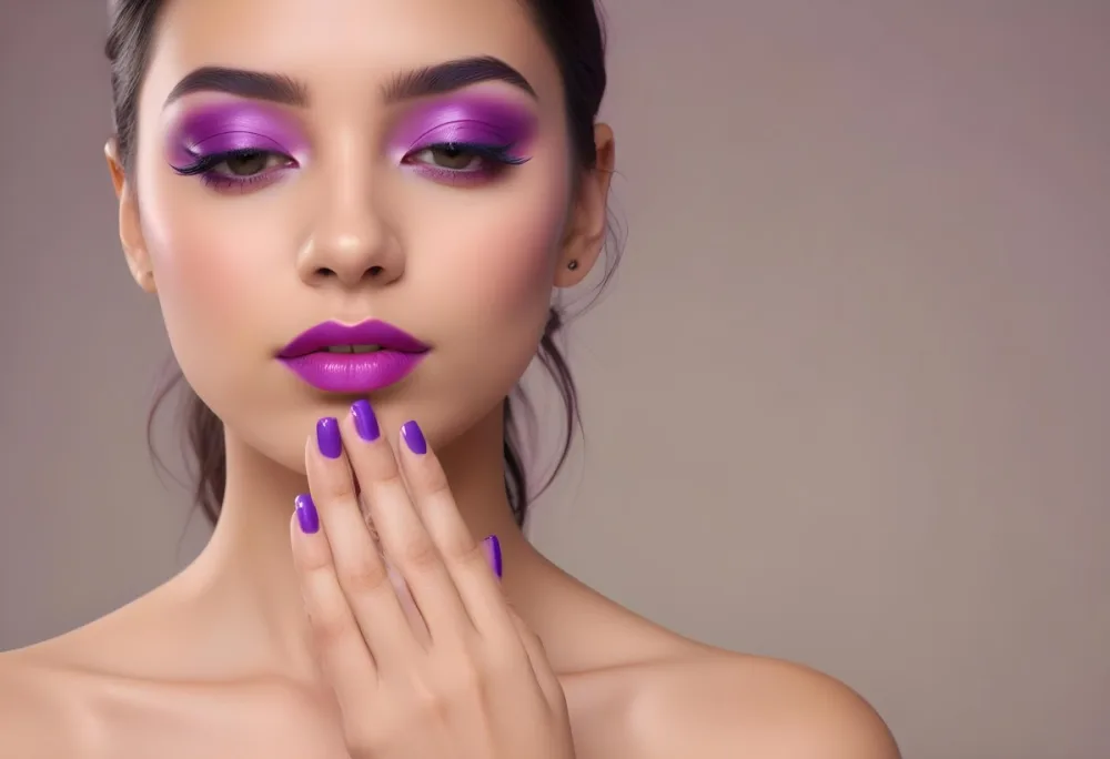 A Young Woman With Dark Hair And Olive Skin Wearing Bold Purple And Pink Eye Makeup Bright Purple Lipstick And Matching Purple Nail Polish She Has Her Eyes Closed And Her Hand Is Covering Part Of Her Eyes 9 Af37