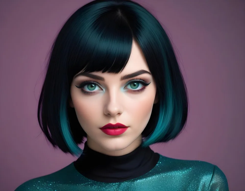A Young Woman With Fair Skin And A Sleek Straight Black Bob Hairstyle She Has Striking Green Eyes And Bold Makeup Featuring Dark Eyeliner And Full Lips The Background Is A Vibrant Turquoise Color Creating A High Cont 24 7e36