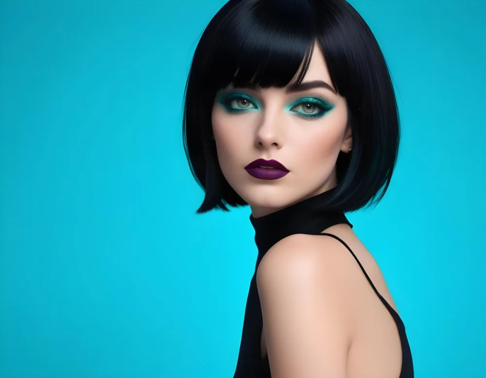 A Young Woman With Fair Skin And A Sleek Straight Black Bob Hairstyle She Has Striking Green Eyes And Bold Makeup Featuring Dark Eyeliner And Full Lips The Background Is A Vibrant Turquoise Color Creating A High Cont 32 5086