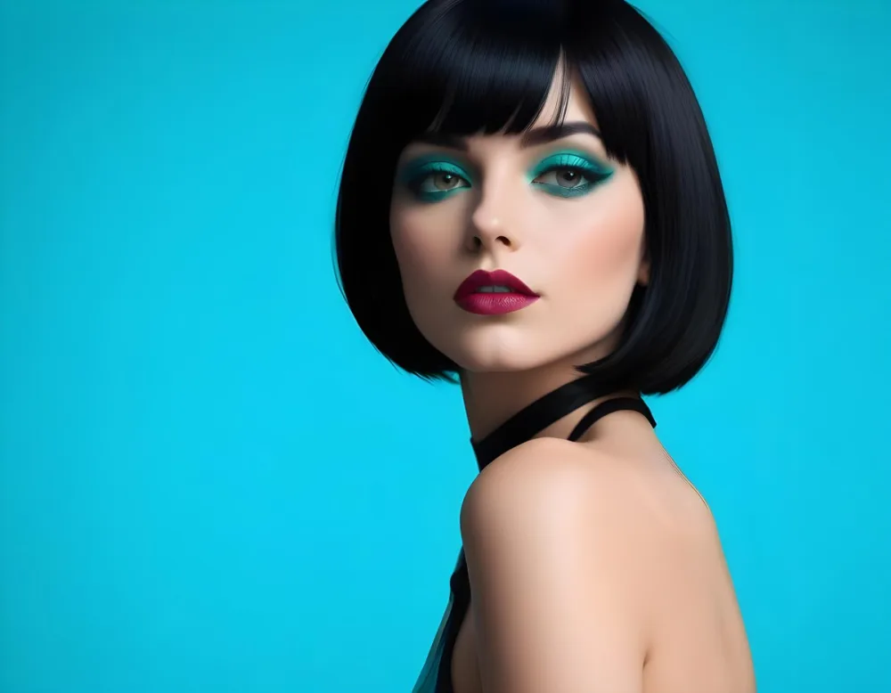 A Young Woman With Fair Skin And A Sleek Straight Black Bob Hairstyle She Has Striking Green Eyes And Bold Makeup Featuring Dark Eyeliner And Full Lips The Background Is A Vibrant Turquoise Color Creating A High Cont 38 2809