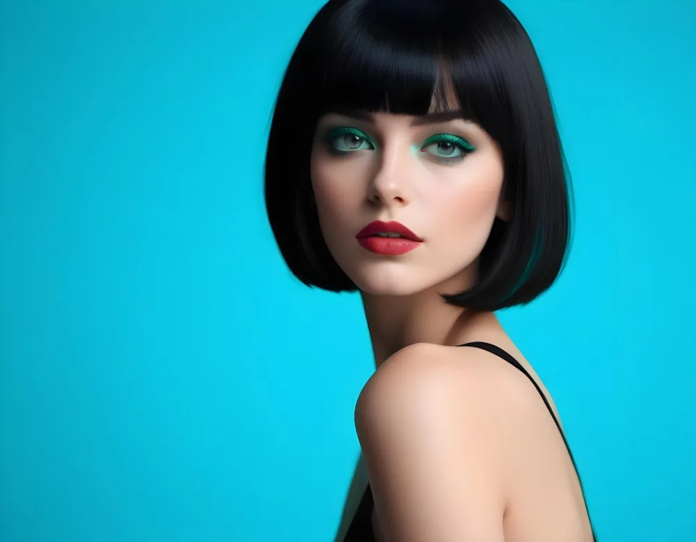 A Young Woman With Fair Skin And A Sleek Straight Black Bob Hairstyle She Has Striking Green Eyes And Bold Makeup Featuring Dark Eyeliner And Full Lips The Background Is A Vibrant Turquoise Color Creating A High Cont 39 E2f8