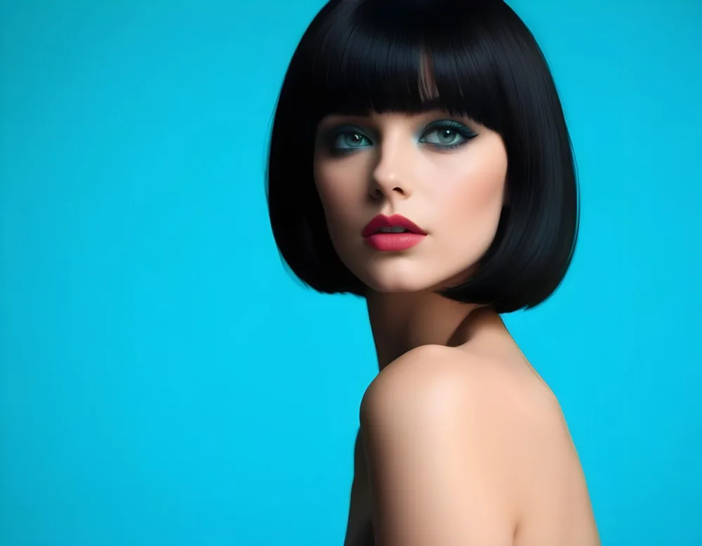 A Young Woman With Fair Skin And A Sleek Straight Black Bob Hairstyle She Has Striking Green Eyes And Bold Makeup Featuring Dark Eyeliner And Full Lips The Background Is A Vibrant Turquoise Color Creating A High Cont 41 B482