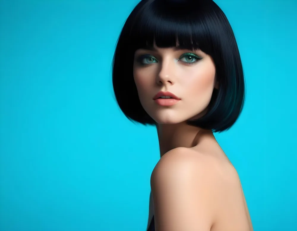 A Young Woman With Fair Skin And A Sleek Straight Black Bob Hairstyle She Has Striking Green Eyes And Bold Makeup Featuring Dark Eyeliner And Full Lips The Background Is A Vibrant Turquoise Color Creating A High Cont 48 3523