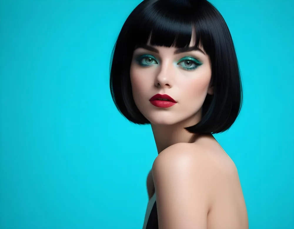 A Young Woman With Fair Skin And A Sleek Straight Black Bob Hairstyle She Has Striking Green Eyes And Bold Makeup Featuring Dark Eyeliner And Full Lips The Background Is A Vibrant Turquoise Color Creating A High Cont 5 59b3