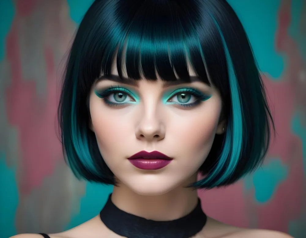 A Young Woman With Fair Skin And A Sleek Straight Black Bob Hairstyle She Has Striking Green Eyes And Bold Makeup Featuring Dark Eyeliner And Full Lips The Background Is A Vibrant Turquoise Color Creating A High Cont 55 F8cf