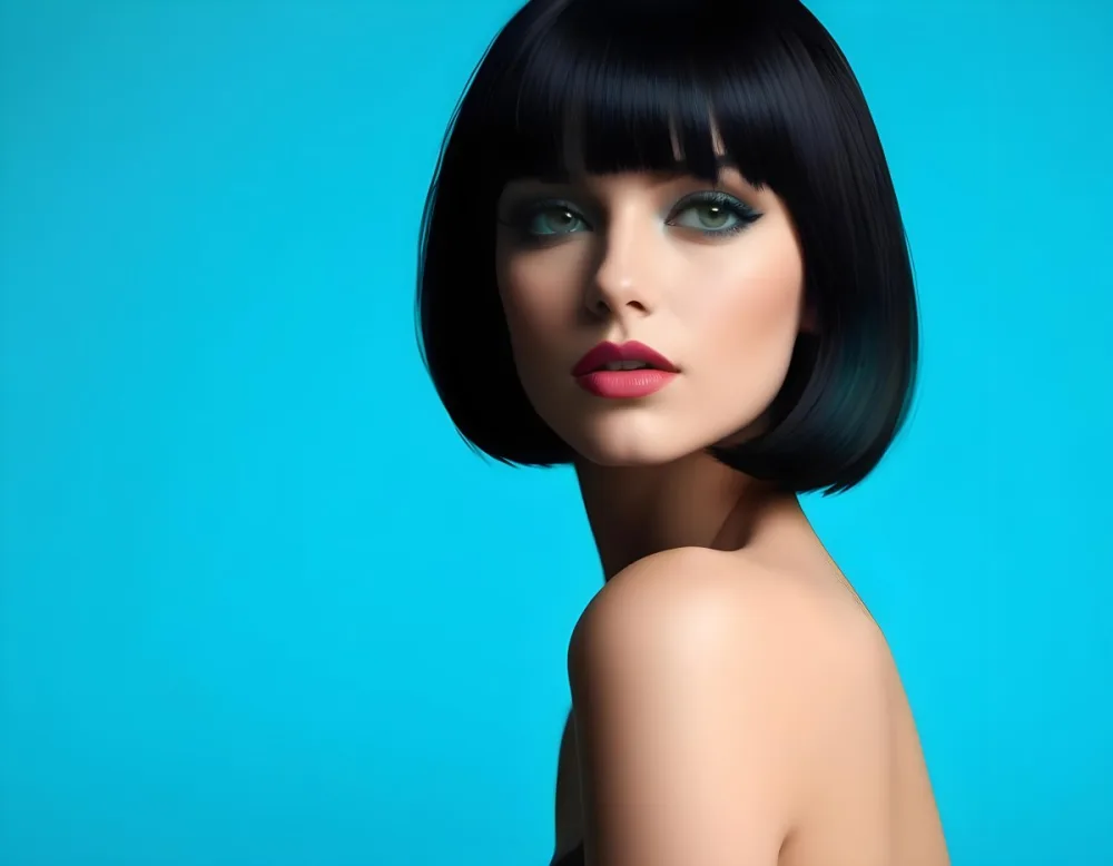 A Young Woman With Fair Skin And A Sleek Straight Black Bob Hairstyle She Has Striking Green Eyes And Bold Makeup Featuring Dark Eyeliner And Full Lips The Background Is A Vibrant Turquoise Color Creating A High Cont 6 B1cd