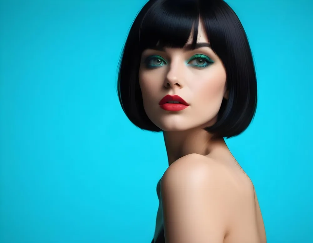 A Young Woman With Fair Skin And A Sleek Straight Black Bob Hairstyle She Has Striking Green Eyes And Bold Makeup Featuring Dark Eyeliner And Full Lips The Background Is A Vibrant Turquoise Color Creating A High Cont 9 Bc93