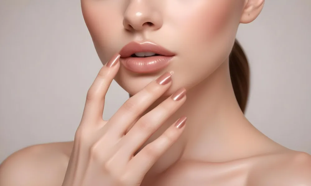 A Young Woman With Fair Skin And A Smooth Complexion Showcasing Her Hand With Manicured Nails Her Nails Are Painted In A Glossy Rose Gold Color With A Sharp Elegant Shape She Has Full Lips Coated In A Shiny Nude Lip G 24 47a9