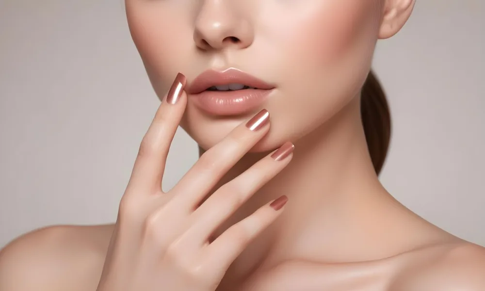 A Young Woman With Fair Skin And A Smooth Complexion Showcasing Her Hand With Manicured Nails Her Nails Are Painted In A Glossy Rose Gold Color With A Sharp Elegant Shape She Has Full Lips Coated In A Shiny Nude Lip G 26 Bebe