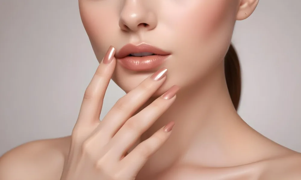 A Young Woman With Fair Skin And A Smooth Complexion Showcasing Her Hand With Manicured Nails Her Nails Are Painted In A Glossy Rose Gold Color With A Sharp Elegant Shape She Has Full Lips Coated In A Shiny Nude Lip G 36 D153