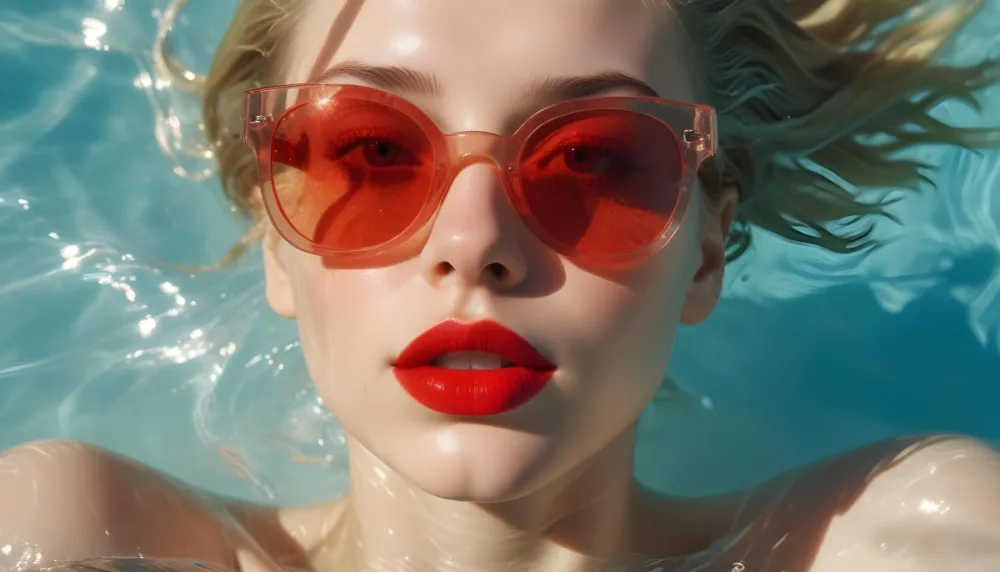 A Young Woman With Fair Skin And Blonde Hair Submerged In Water Wearing Oversized Transparent Sunglasses And Bright Red Lipstick The Sunlight Reflects Off The Water S Surface Creating A Shimmering Effect On Her Face 1 F833