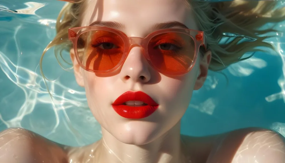 A Young Woman With Fair Skin And Blonde Hair Submerged In Water Wearing Oversized Transparent Sunglasses And Bright Red Lipstick The Sunlight Reflects Off The Water S Surface Creating A Shimmering Effect On Her Face 12 4ebb