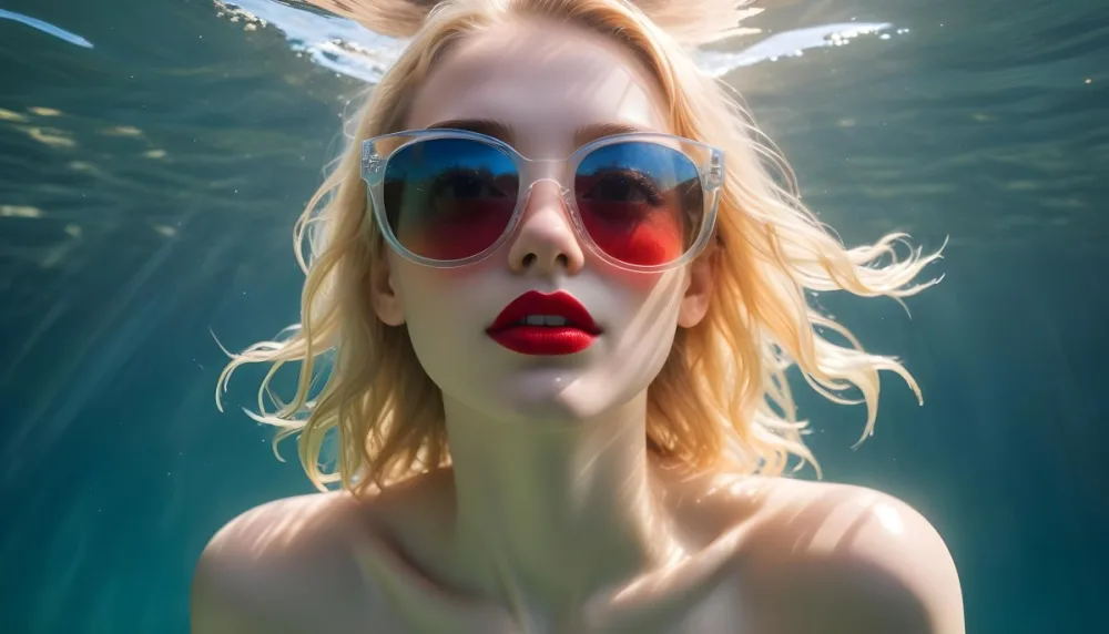A Young Woman With Fair Skin And Blonde Hair Submerged In Water Wearing Oversized Transparent Sunglasses And Bright Red Lipstick The Sunlight Reflects Off The Water S Surface Creating A Shimmering Effect On Her Face 17 77eb