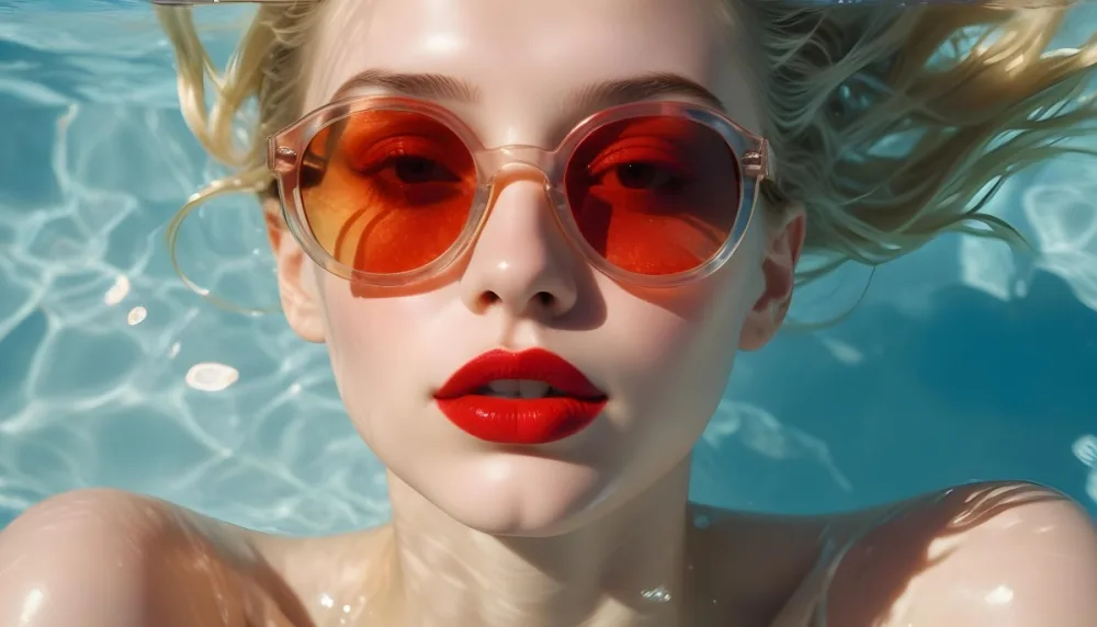 A Young Woman With Fair Skin And Blonde Hair Submerged In Water Wearing Oversized Transparent Sunglasses And Bright Red Lipstick The Sunlight Reflects Off The Water S Surface Creating A Shimmering Effect On Her Face 20 79d5