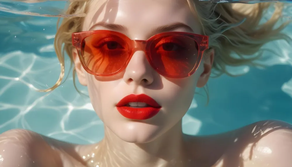 A Young Woman With Fair Skin And Blonde Hair Submerged In Water Wearing Oversized Transparent Sunglasses And Bright Red Lipstick The Sunlight Reflects Off The Water S Surface Creating A Shimmering Effect On Her Face 21 2489
