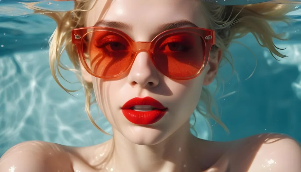 A Young Woman With Fair Skin And Blonde Hair Submerged In Water Wearing Oversized Transparent Sunglasses And Bright Red Lipstick The Sunlight Reflects Off The Water S Surface Creating A Shimmering Effect On Her Face 22 Eb20