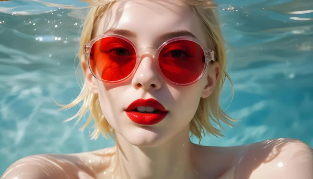 A Young Woman With Fair Skin And Blonde Hair Submerged In Water Wearing Oversized Transparent Sunglasses And Bright Red Lipstick The Sunlight Reflects Off The Water S Surface Creating A Shimmering Effect On Her Face 24 1461