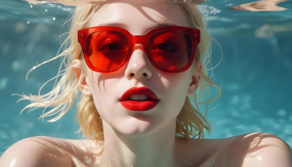 A Young Woman With Fair Skin And Blonde Hair Submerged In Water Wearing Oversized Transparent Sunglasses And Bright Red Lipstick The Sunlight Reflects Off The Water S Surface Creating A Shimmering Effect On Her Face 25 45a6