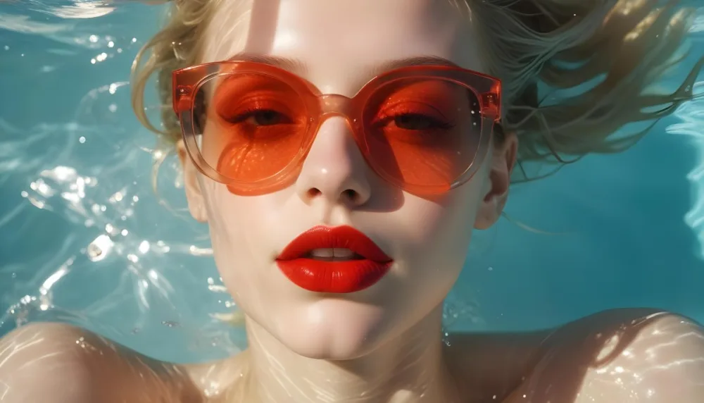 A Young Woman With Fair Skin And Blonde Hair Submerged In Water Wearing Oversized Transparent Sunglasses And Bright Red Lipstick The Sunlight Reflects Off The Water S Surface Creating A Shimmering Effect On Her Face 3 B447