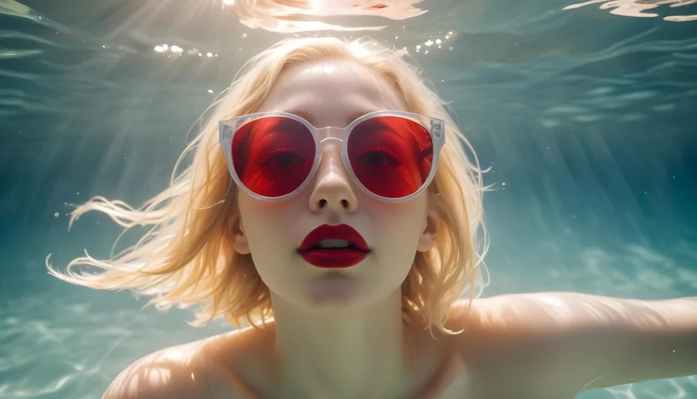 A Young Woman With Fair Skin And Blonde Hair Submerged In Water Wearing Oversized Transparent Sunglasses And Bright Red Lipstick The Sunlight Reflects Off The Water S Surface Creating A Shimmering Effect On Her Face 30 167c
