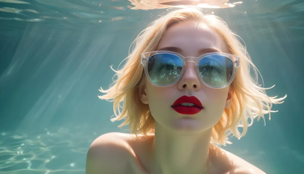 A Young Woman With Fair Skin And Blonde Hair Submerged In Water Wearing Oversized Transparent Sunglasses And Bright Red Lipstick The Sunlight Reflects Off The Water S Surface Creating A Shimmering Effect On Her Face 35 66b5