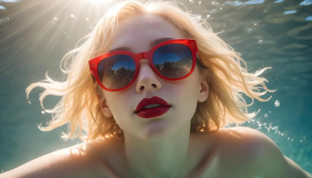 A Young Woman With Fair Skin And Blonde Hair Submerged In Water Wearing Oversized Transparent Sunglasses And Bright Red Lipstick The Sunlight Reflects Off The Water S Surface Creating A Shimmering Effect On Her Face 37 B146