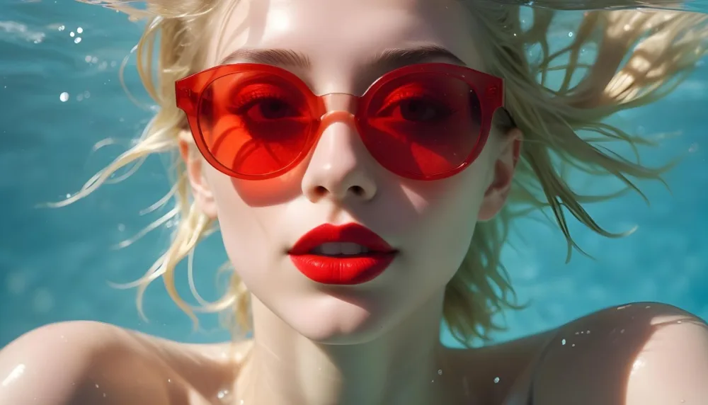 A Young Woman With Fair Skin And Blonde Hair Submerged In Water Wearing Oversized Transparent Sunglasses And Bright Red Lipstick The Sunlight Reflects Off The Water S Surface Creating A Shimmering Effect On Her Face 4 8f51