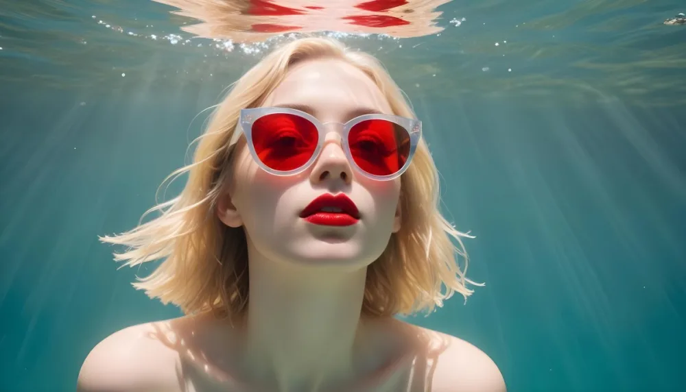 A Young Woman With Fair Skin And Blonde Hair Submerged In Water Wearing Oversized Transparent Sunglasses And Bright Red Lipstick The Sunlight Reflects Off The Water S Surface Creating A Shimmering Effect On Her Face 43 31a7