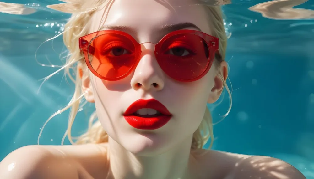 A Young Woman With Fair Skin And Blonde Hair Submerged In Water Wearing Oversized Transparent Sunglasses And Bright Red Lipstick The Sunlight Reflects Off The Water S Surface Creating A Shimmering Effect On Her Face 48 2546