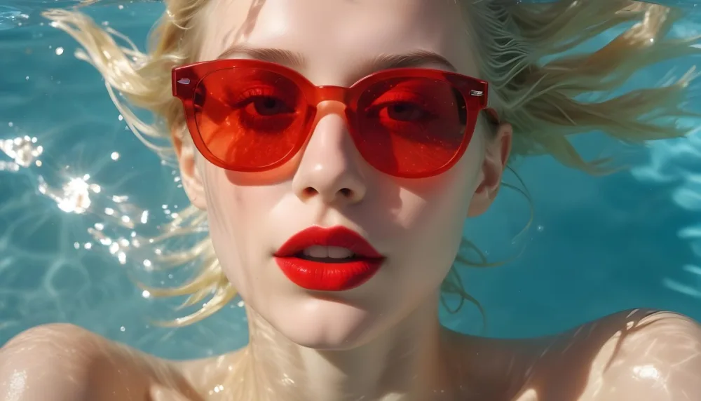 A Young Woman With Fair Skin And Blonde Hair Submerged In Water Wearing Oversized Transparent Sunglasses And Bright Red Lipstick The Sunlight Reflects Off The Water S Surface Creating A Shimmering Effect On Her Face 6 3315