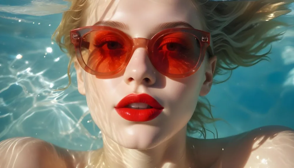 A Young Woman With Fair Skin And Blonde Hair Submerged In Water Wearing Oversized Transparent Sunglasses And Bright Red Lipstick The Sunlight Reflects Off The Water S Surface Creating A Shimmering Effect On Her Face 8 A2a7