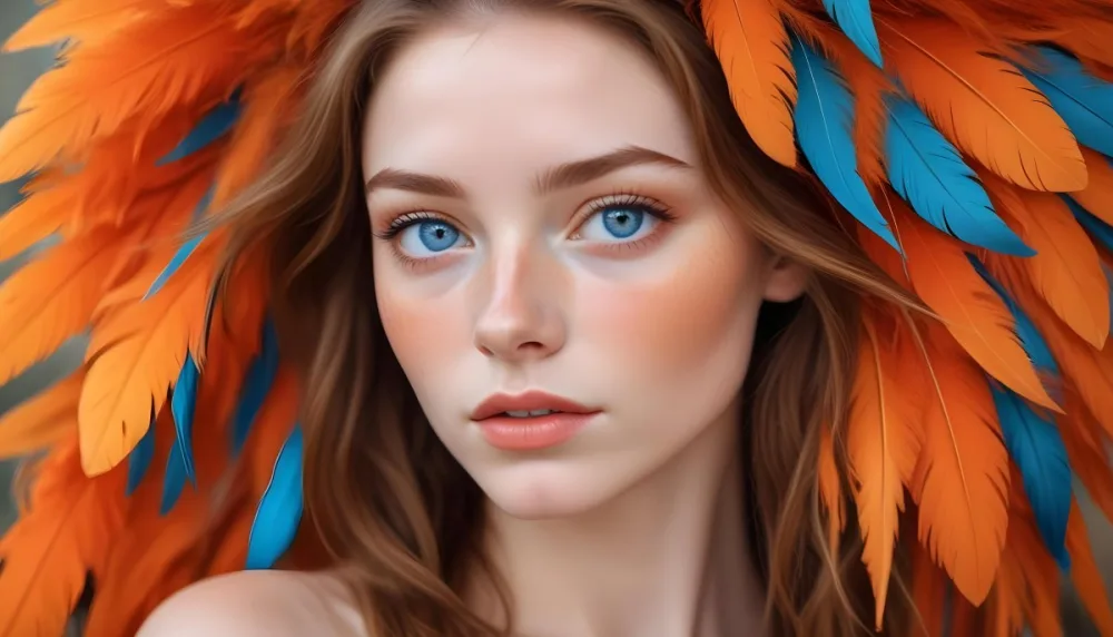 A Young Woman With Fair Skin And Blue Eyes Around 20 Years Old Framed By Vibrant Orange Feathers She Has Full Lips And A Natural Makeup Look With Freckles Visible On Her Cheeks The Background Is Blurred Emphas 19 8a0d
