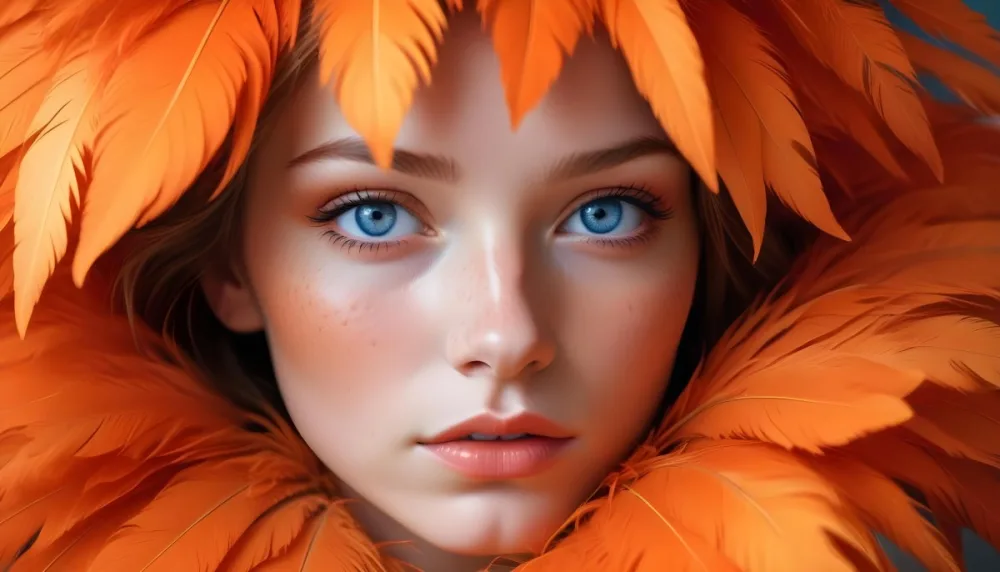 A Young Woman With Fair Skin And Blue Eyes Around 20 Years Old Framed By Vibrant Orange Feathers She Has Full Lips And A Natural Makeup Look With Freckles Visible On Her Cheeks The Background Is Blurred Emphas 23 3531