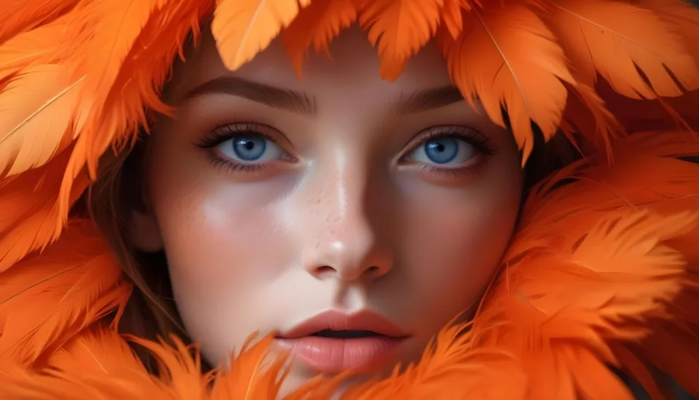A Young Woman With Fair Skin And Blue Eyes Around 20 Years Old Framed By Vibrant Orange Feathers She Has Full Lips And A Natural Makeup Look With Freckles Visible On Her Cheeks The Background Is Blurred Emphas 28 A8c5