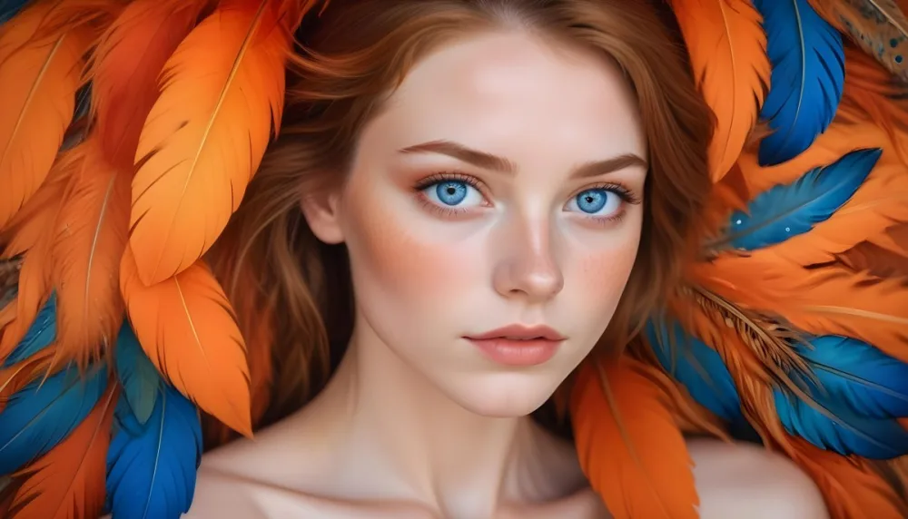 A Young Woman With Fair Skin And Blue Eyes Around 20 Years Old Framed By Vibrant Orange Feathers She Has Full Lips And A Natural Makeup Look With Freckles Visible On Her Cheeks The Background Is Blurred Emphas 36 7883