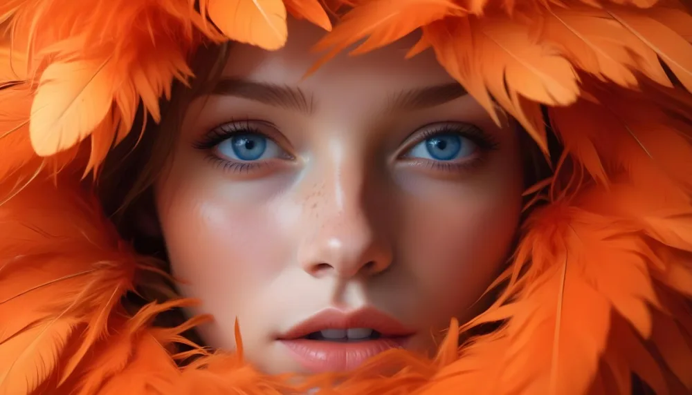 A Young Woman With Fair Skin And Blue Eyes Around 20 Years Old Framed By Vibrant Orange Feathers She Has Full Lips And A Natural Makeup Look With Freckles Visible On Her Cheeks The Background Is Blurred Emphas 41 0ea7