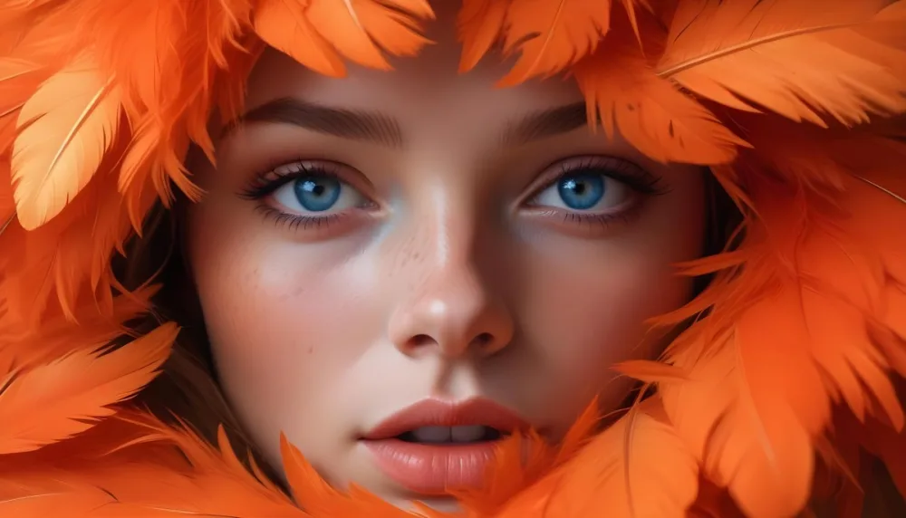 A Young Woman With Fair Skin And Blue Eyes Around 20 Years Old Framed By Vibrant Orange Feathers She Has Full Lips And A Natural Makeup Look With Freckles Visible On Her Cheeks The Background Is Blurred Emphas 7 05a9