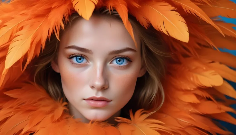 A Young Woman With Fair Skin And Blue Eyes Around 20 Years Old Framed By Vibrant Orange Feathers She Has Full Lips And A Natural Makeup Look With Freckles Visible On Her Cheeks The Background Is Blurred Emphas 9 580c
