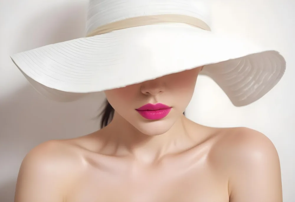 A Young Woman With Fair Skin And Dark Hair Wearing A Large White Sun Hat That Obscures Her Eyes She Has Bold Bright Pink Lipstick And Is Bare Shouldered With A Neutral Background 12 E73d