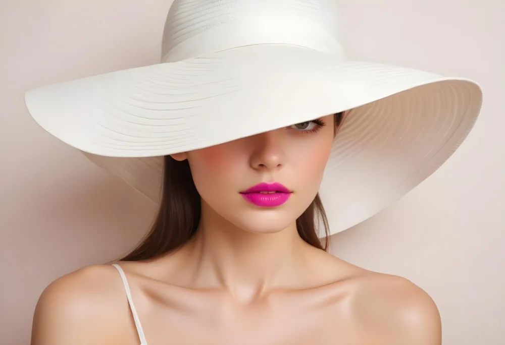 A Young Woman With Fair Skin And Dark Hair Wearing A Large White Sun Hat That Obscures Her Eyes She Has Bold Bright Pink Lipstick And Is Bare Shouldered With A Neutral Background 15 72f6