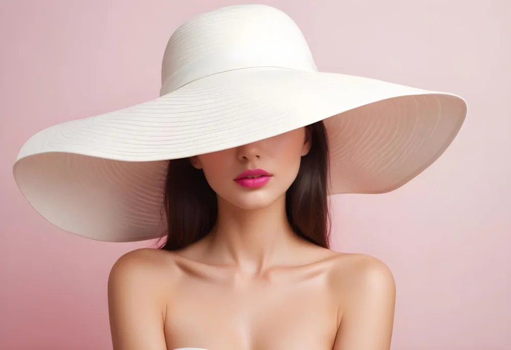 A Young Woman With Fair Skin And Dark Hair Wearing A Large White Sun Hat That Obscures Her Eyes She Has Bold Bright Pink Lipstick And Is Bare Shouldered With A Neutral Background 2 1511