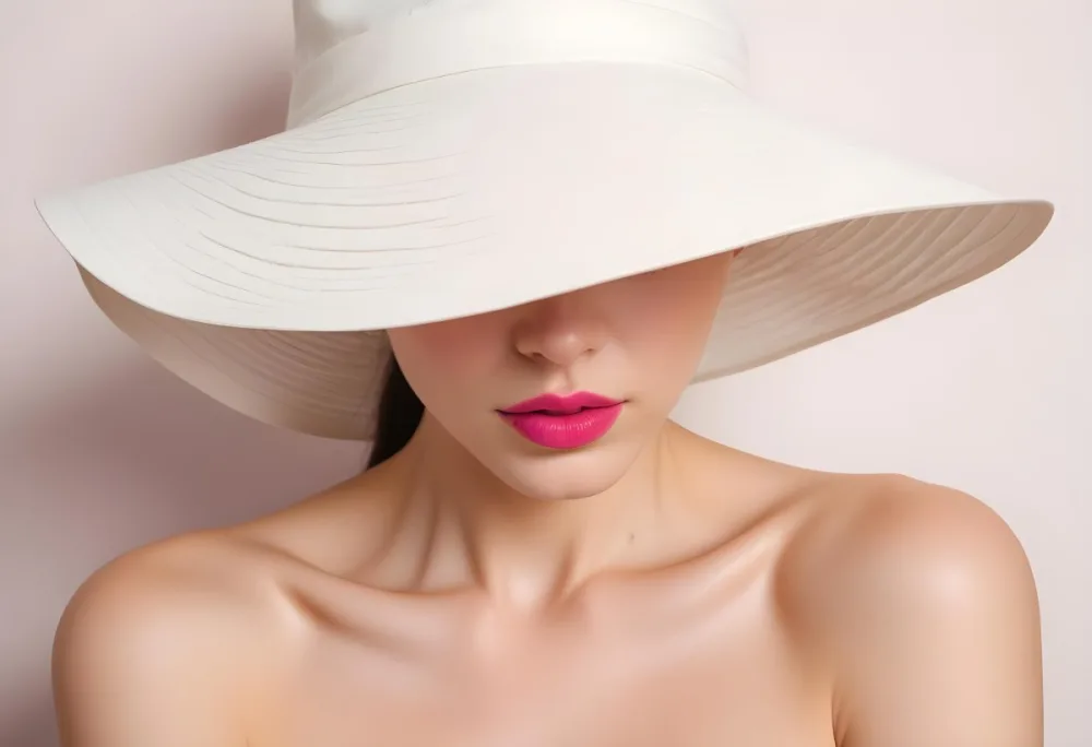 A Young Woman With Fair Skin And Dark Hair Wearing A Large White Sun Hat That Obscures Her Eyes She Has Bold Bright Pink Lipstick And Is Bare Shouldered With A Neutral Background 28 2e4f
