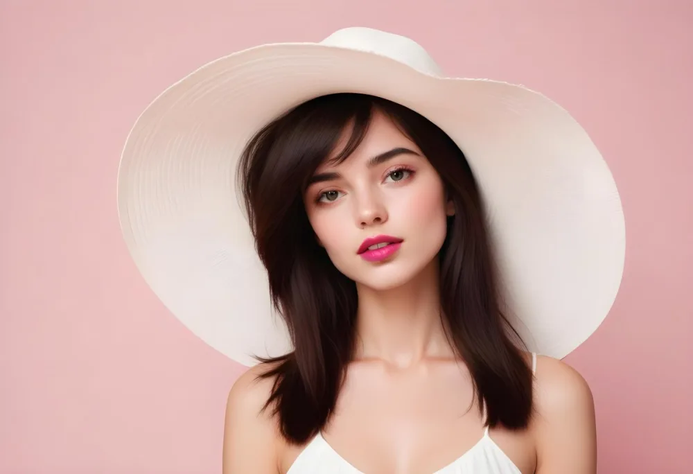 A Young Woman With Fair Skin And Dark Hair Wearing A Large White Sun Hat That Obscures Her Eyes She Has Bold Bright Pink Lipstick And Is Bare Shouldered With A Neutral Background 37 Fd92