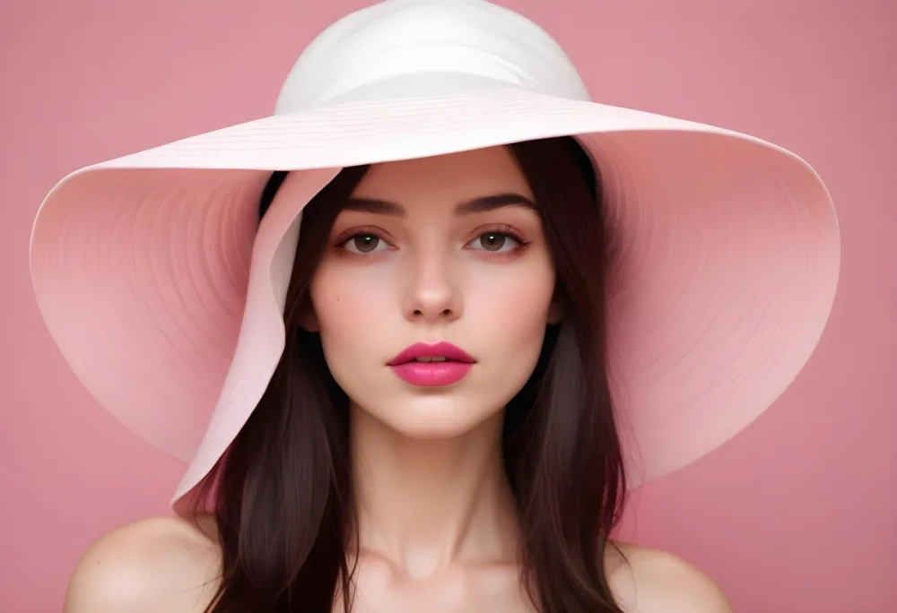 A Young Woman With Fair Skin And Dark Hair Wearing A Large White Sun Hat That Obscures Her Eyes She Has Bold Bright Pink Lipstick And Is Bare Shouldered With A Neutral Background 43 763d