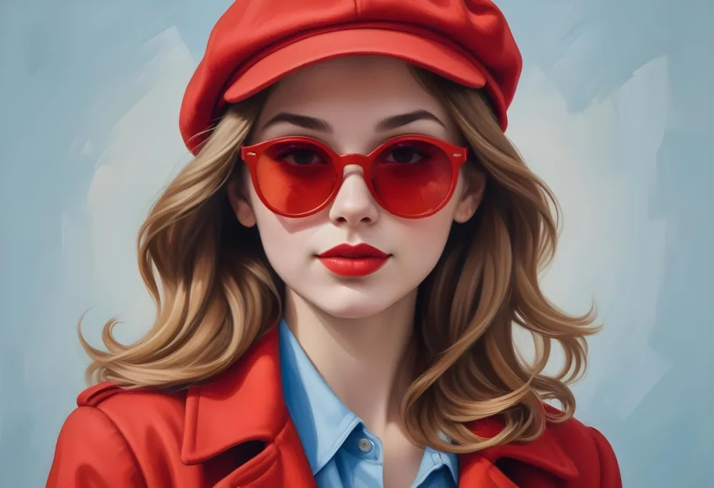 A Young Woman With Fair Skin And Light Brown Hair Approximately 25 Years Old Wearing A Red Hat And Red Sunglasses She Has Red Lipstick And Is Dressed In A Red Coat The Background Is A Solid Light Blue Color 1 799c
